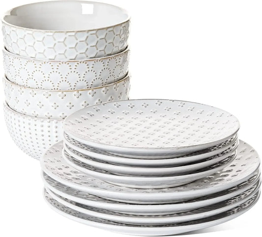 12 PCS, Ceramic Plates and Bowls Set, (10" Dinner Plate + 8" Salad Dish +26 oz Cereal