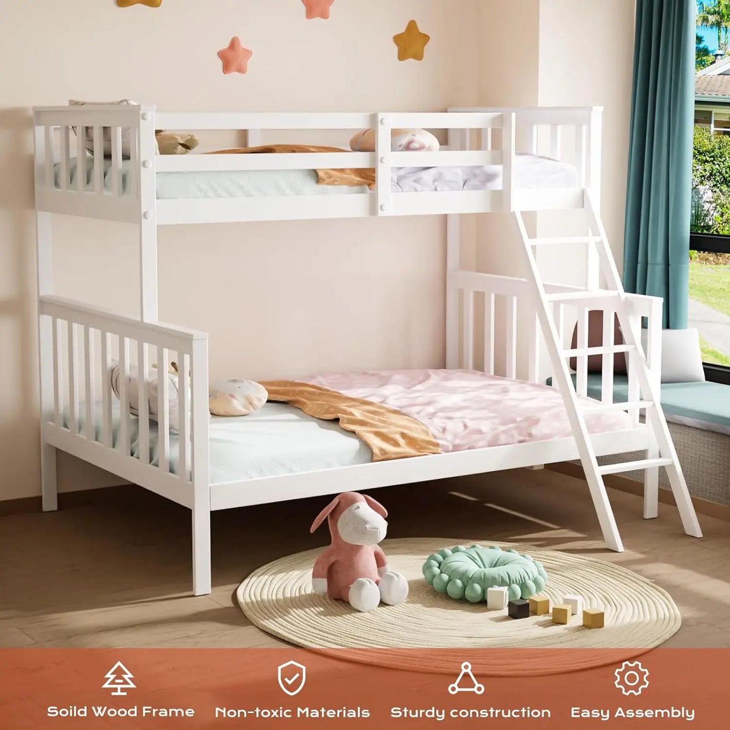 Twin Over Twin Solid Wood Bunk Bed Frame with Ladder and Guard Rail Space