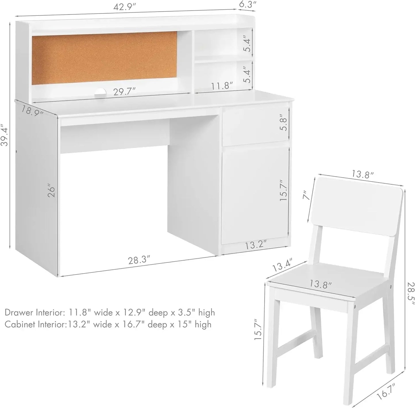 Kids Wooden Study Desk and Chair Set with Hutch and Storage Cabinet