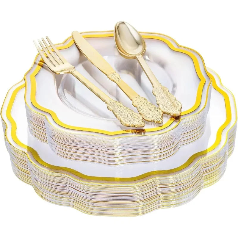 150PCS  Plastic Plates& Silverware-Include 30Dinner Plates, 30Salad plates, 90 Disposable Utensils