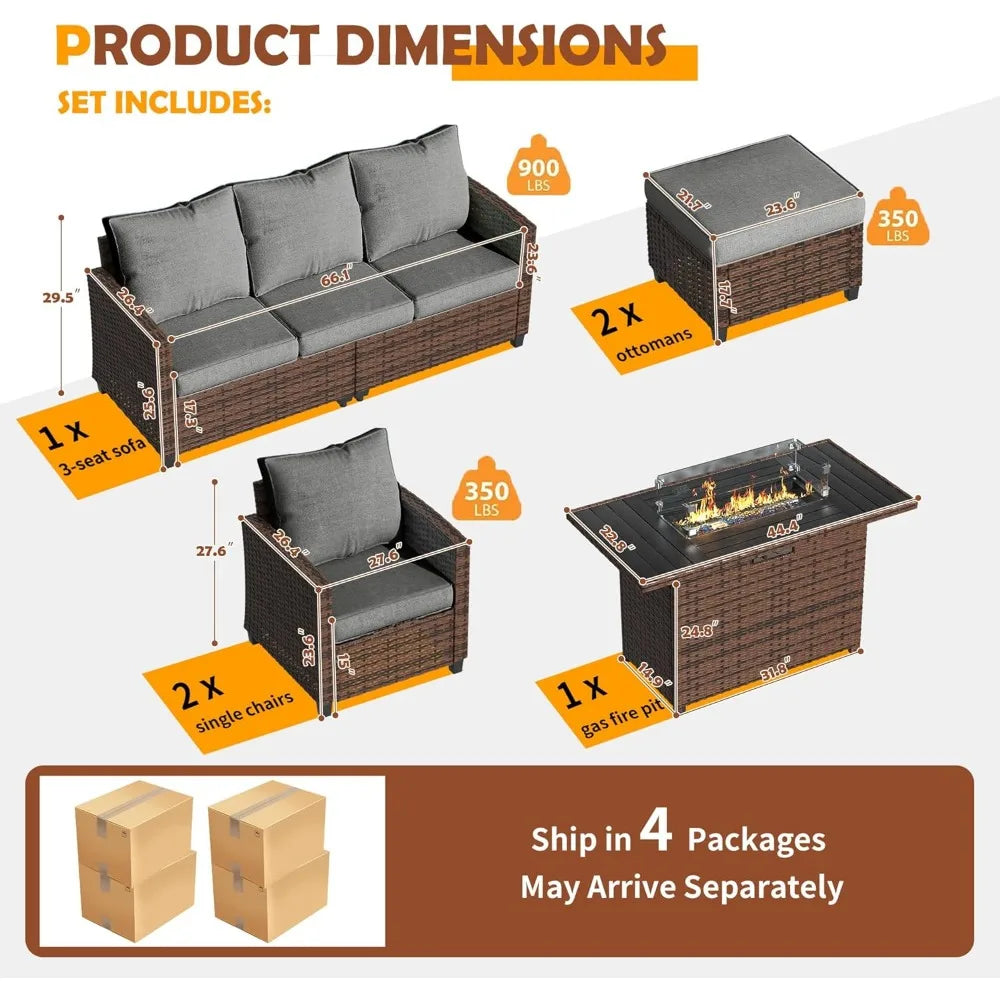 6 Pieces Sectional Conversation Patio Set with 44" Fire Pit Table