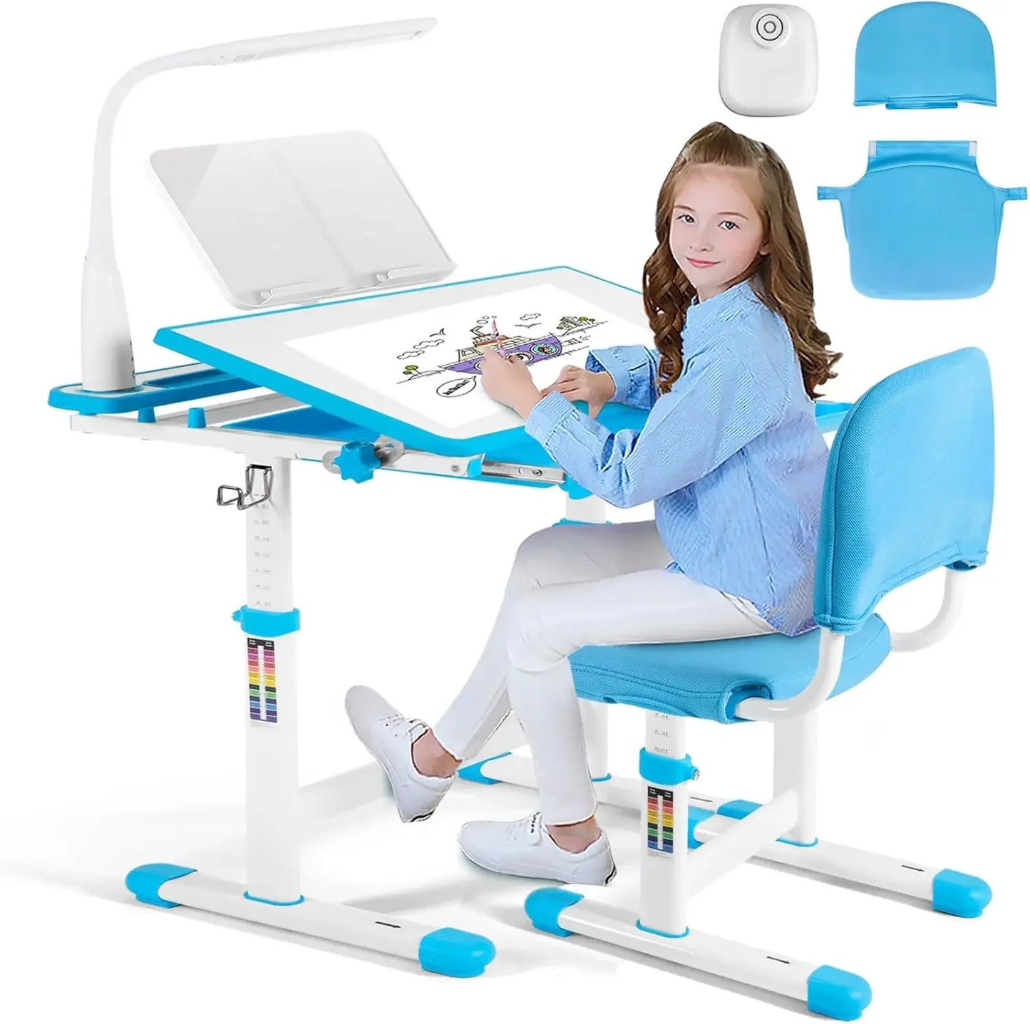 Height Adjustable Kids Study Desk and Chair Set with LED Lamp