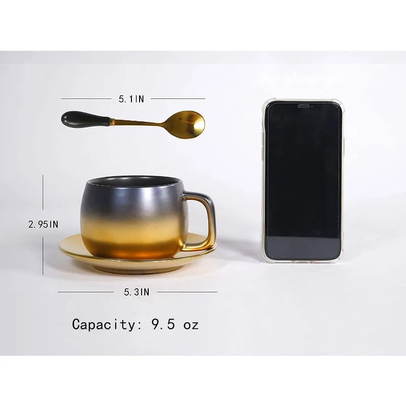 Black Gold European Style Ceramic Coffee Mug Set With Spoon & Saucer