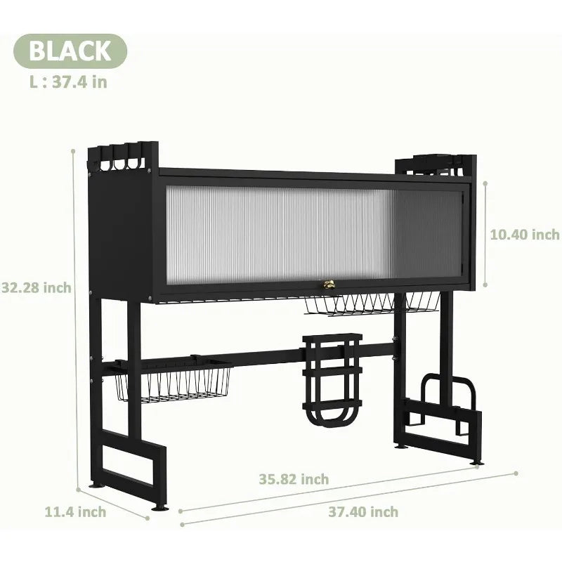 Large Stainless Steel Over The Sink 2 Tier Dish Rack with Cover for Kitchen (Large 37.40 Length)