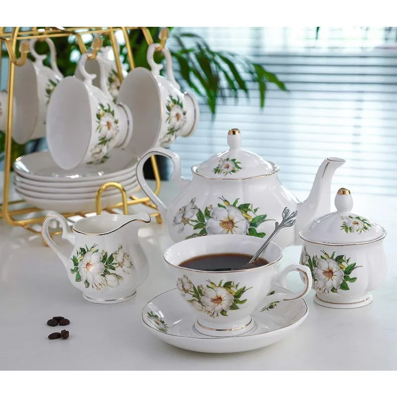 22-Piece Porcelain Ceramic Tea Sets, Service for 6- Teapot, Sugar Bowl ,Creamer Pitcher