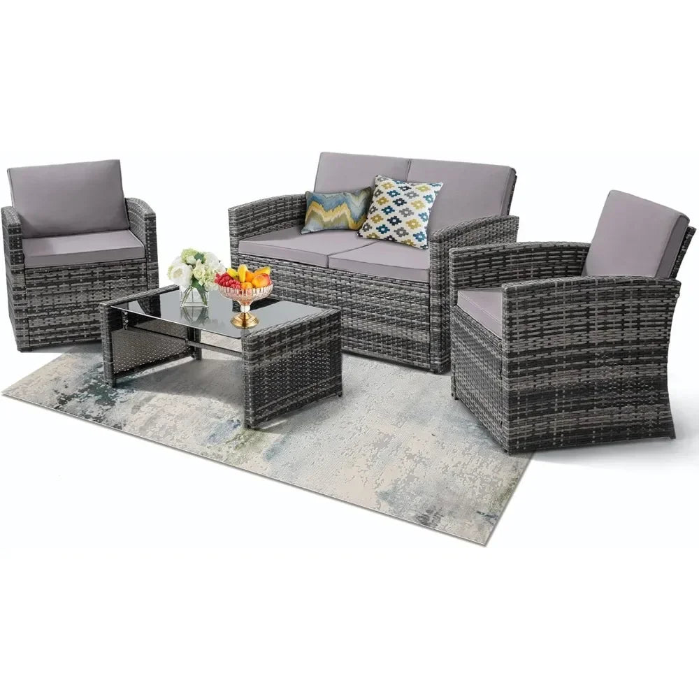 4 Piece Outside Rattan Sectional Sofa, Cushioned Furniture Set