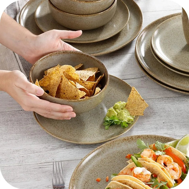 16-piece Earthenware, Natural, Ceramic Sets for 4, Microwave and Dishwasher Safe