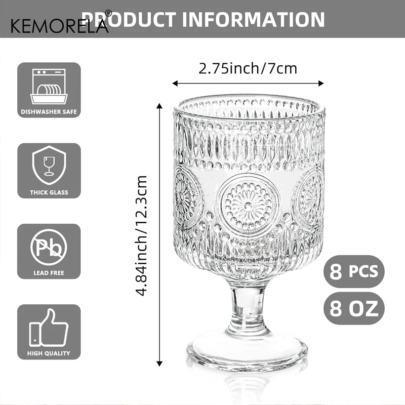 8PCS Romantic Vintage Goblet Glassware Charming Embossed Floral Cocktail Glass Set