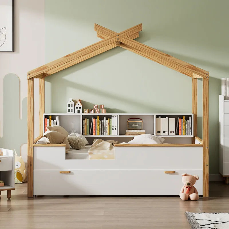 Wooden House Bed Frame for Kids with Ample Storage Options, Roof Design