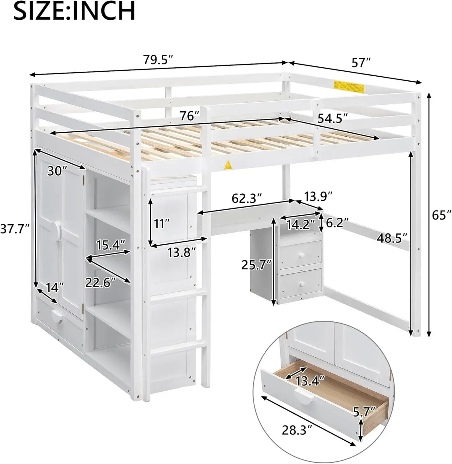 Full Size Loft Bed Frame with Wardrobe and Desk