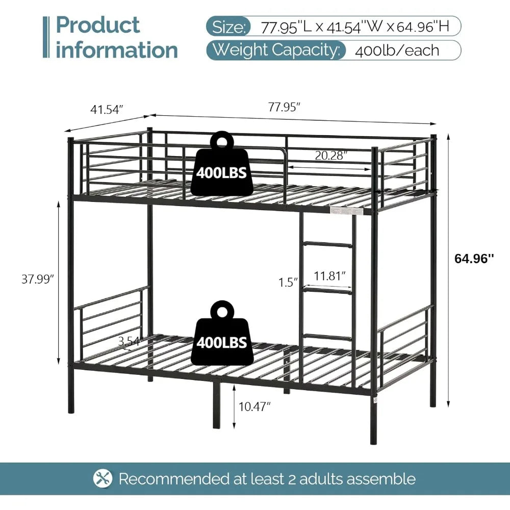 Twin Over Twin for Kids, Teens & Adults Bunk Bed with Stairs & Flat Rungs, Heavy Duty Metal Slats