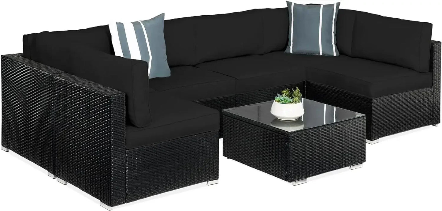 Modular Outdoor Sectional Wicker Patio Conversation Set w/ 2 Pillows, Coffee Table, Cover Included