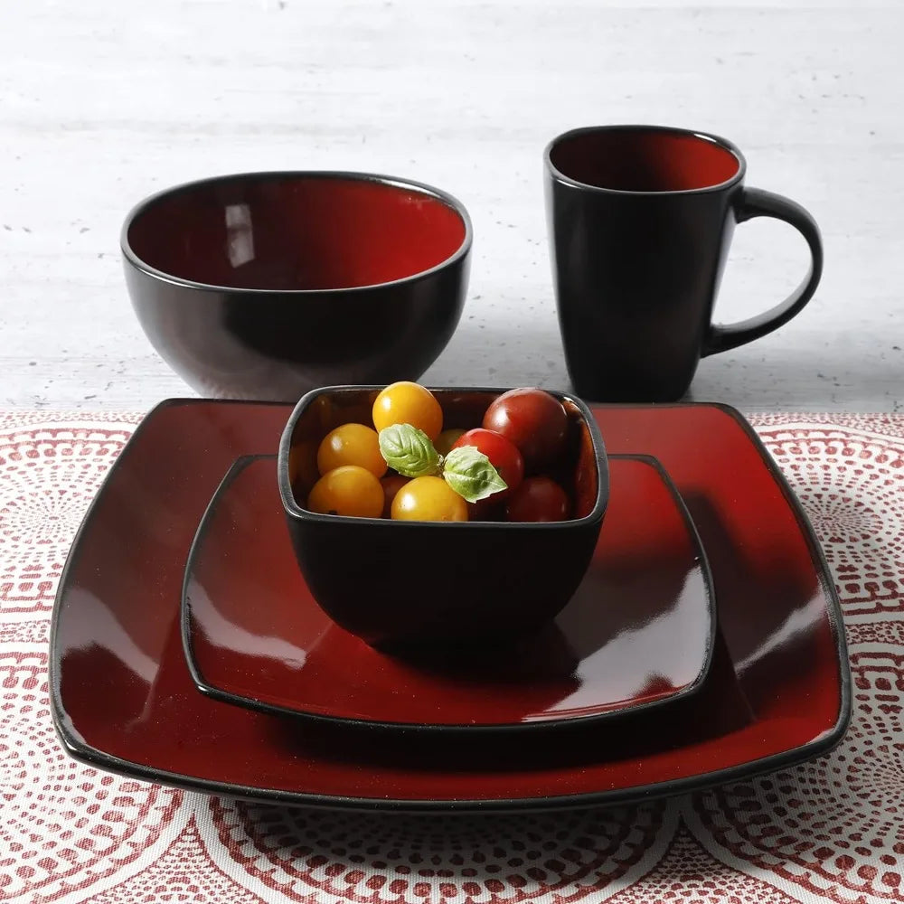 Service for 8 (40pc) Dish Square Reactive Glaze Stoneware Dinnerware Set