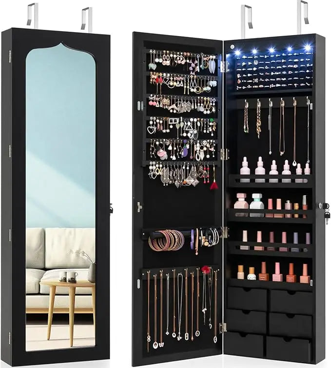 5 LEDs Mirror Jewelry Armoire Wall/ Door Mounted, Lockable Jewelry Cabinet with 6 Drawers and Full Length Mirror