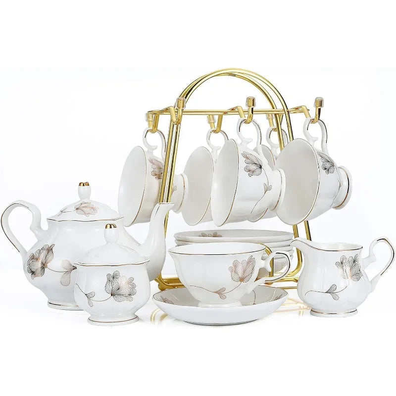 22-Piece Porcelain Ceramic Tea Sets, Service for 6- Teapot, Sugar Bowl ,Creamer Pitcher