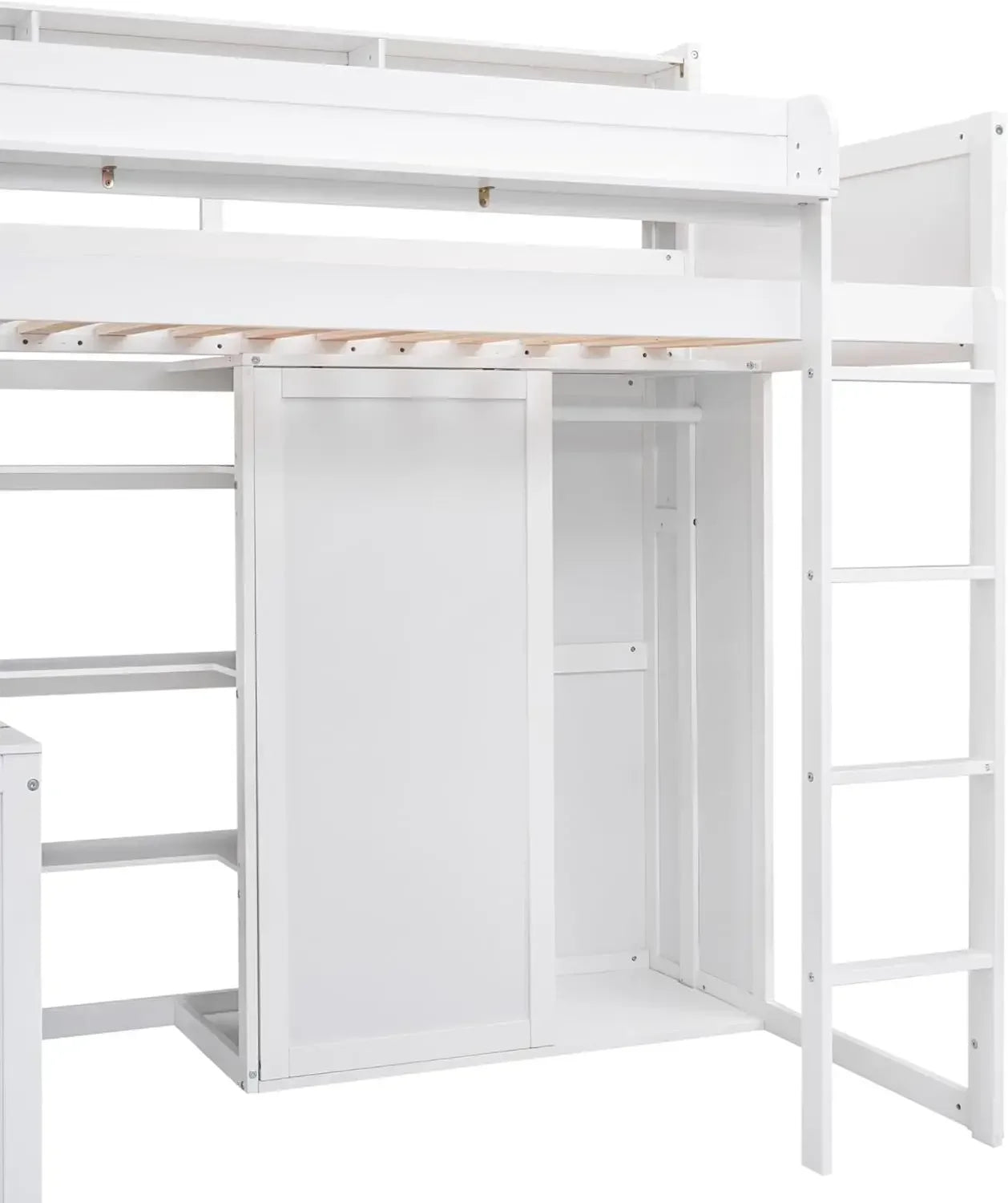 Solid Wood High Loft Bed Frame with Desk & Wardrobe