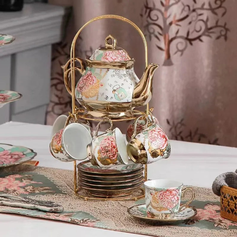 Gold Plated Red Rose Ceramic Vintage Tea Set, with Teapot