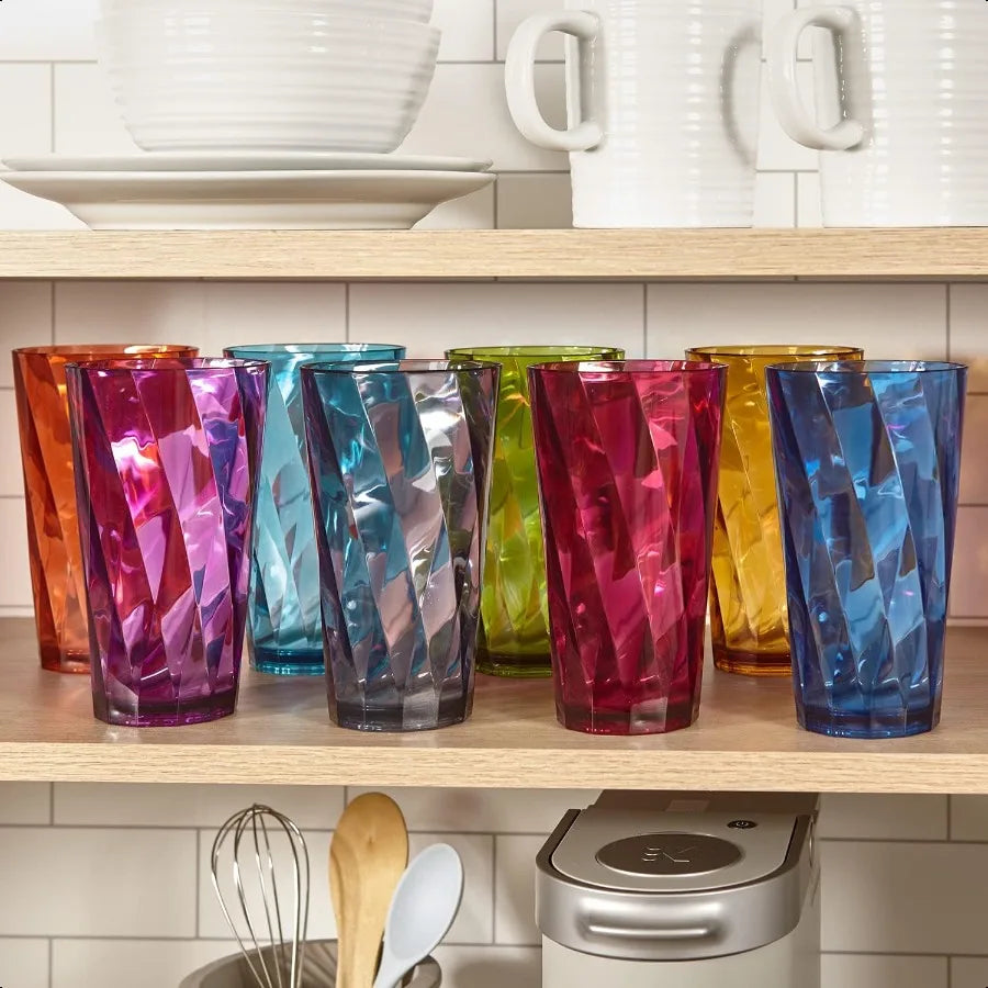 Set of 8, 20oz Optix Plastic Drinking Glasses in Jewel Tone Colors