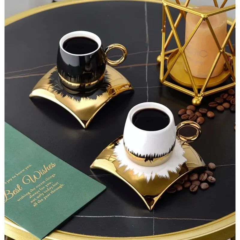 Turkish Coffee Cup Set of 6 with Saucers & Tray - Luxury Arabic Greek Japanese Marble Ceramic Tea Cups for Espresso, Cappuccino