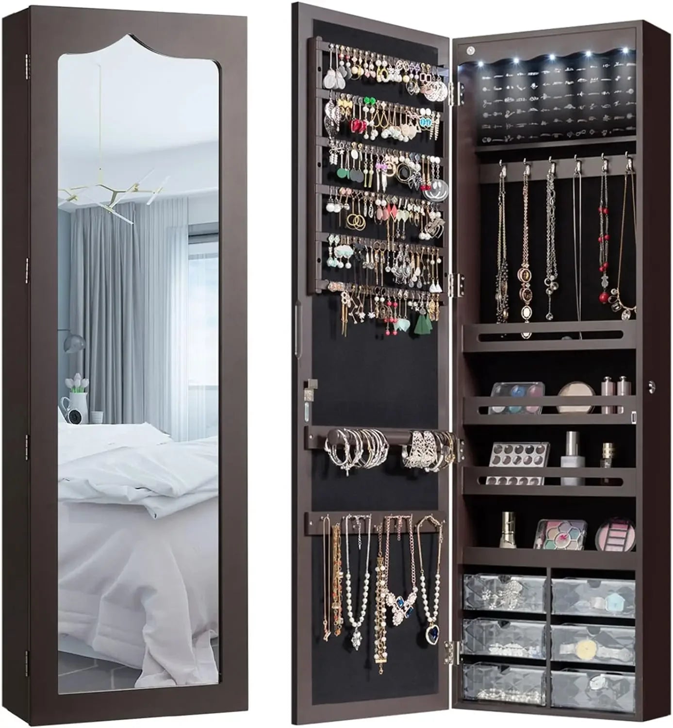 5 LEDs Mirror Jewelry Armoire Wall/ Door Mounted, Lockable Jewelry Cabinet with 6 Drawers and Full Length Mirror