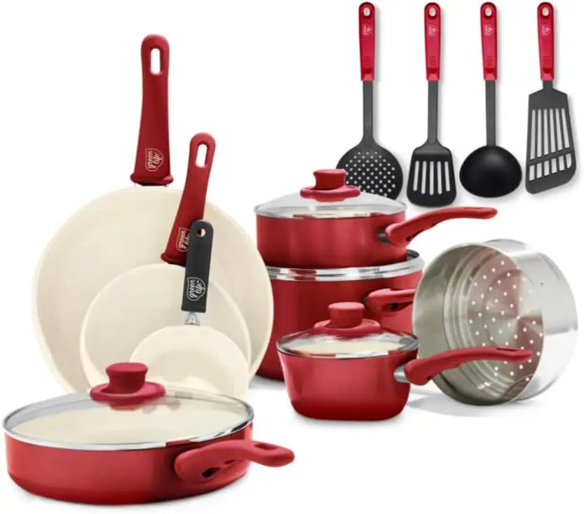 Ceramic Nonstick 16 Piece Kitchen Cookware Set, with Kitchen Utensils and Lid- Assorted Colors