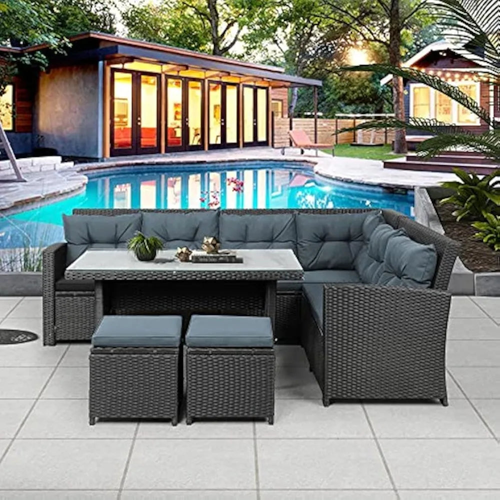 6-Piece Outdoor Sectional Sofa with Glass Table