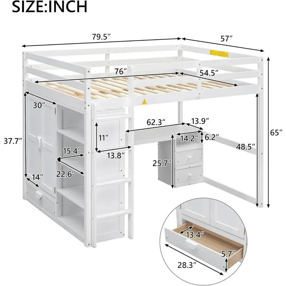 Full Size Loft Bed Frame with Wardrobe and Desk