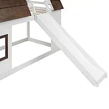 Twin Over Twin House Bunk Bed Frame with Roof, Window, Ladder and Slide