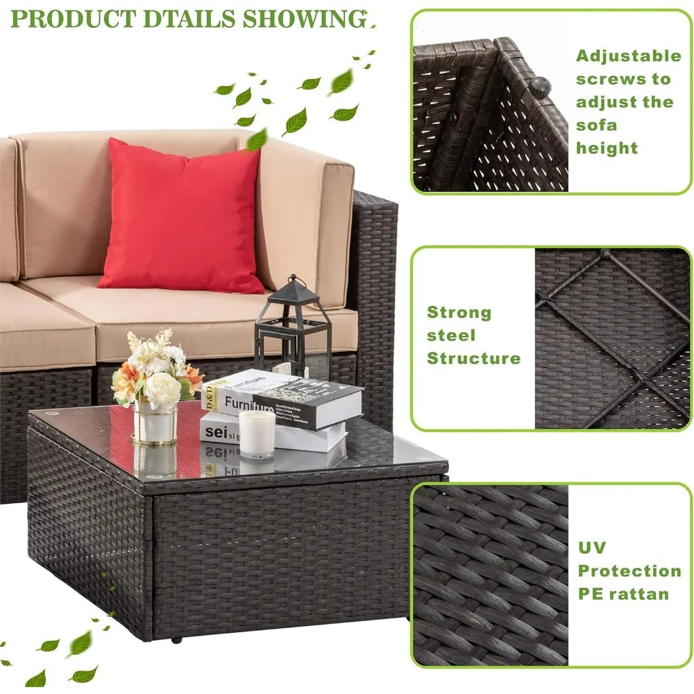 5 Piece All-Weather Brown PE Wicker Patio Furniture Set