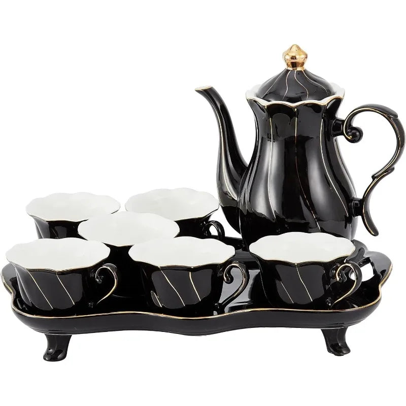 14 pcs Tea Set for 6 with Tea Tray & Spoons, Luxury British Style Tea/Coffee Cup Set with Golden Trim