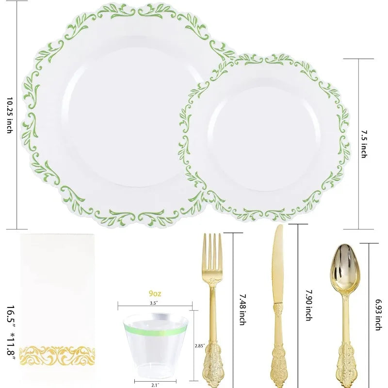 175PCS Clear Green Plastic Plates & Gold Plastic Silverware & Clear Green Cups & Gold Napkins, Service 25 Guest