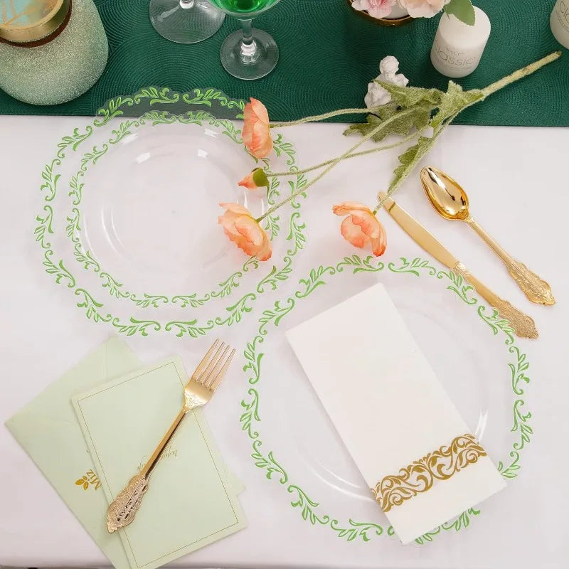 175PCS Clear Green Plastic Plates & Gold Plastic Silverware & Clear Green Cups & Gold Napkins, Service 25 Guest