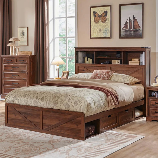 Farmhouse King Size Wood Bed Frame with 52" Tall Storage Headboard and 4 Drawers,LED Light,Charging Station