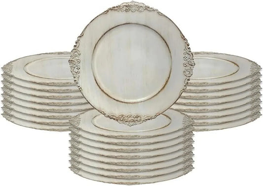 24-Piece 13-inch Royal Antiqued White Round Vintage Charger Plates