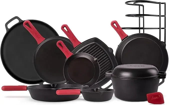 Pre-Seasoned Cast Iron Skillet Set - 8" + 10" + 12"-Inch Frying Pans + Silicone Handle Grip Covers