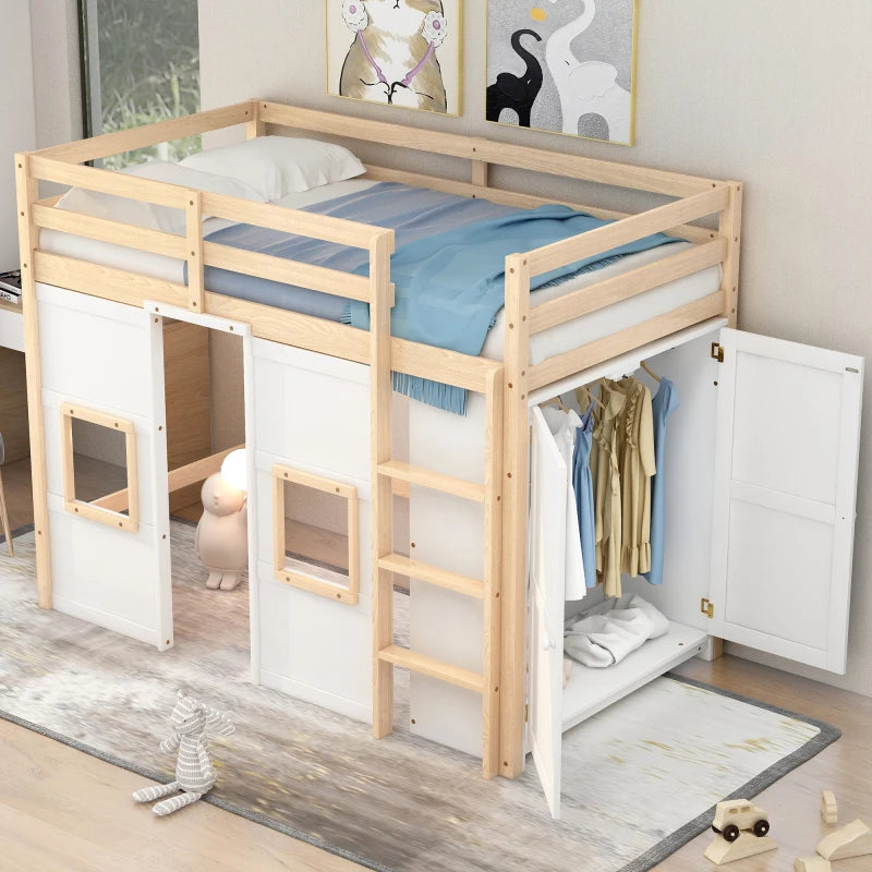 Wood Twin Size Loft Bed with Built-in Storage Wardrobe and 2 Windows