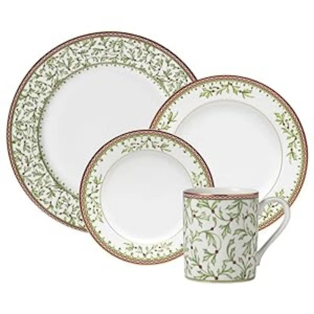 Mikasa Holiday Traditions Dinnerware Set with Mugs (16 Piece), Green, White