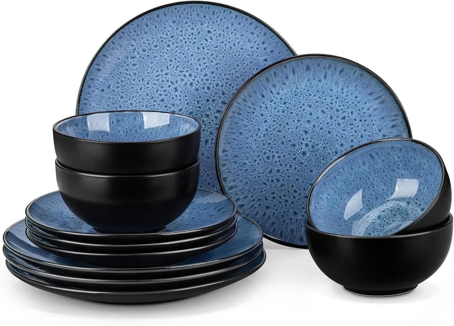 12 Piece Bubble Plates and Bowls Dinnerware Sets, Service for 4, Reactive Glaze Stoneware