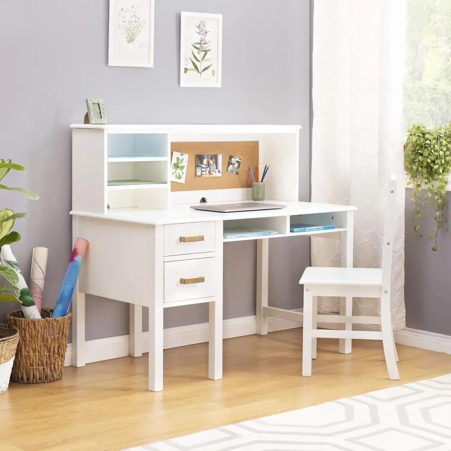 Kids Wooden Computer Study Desk Set with Storage Shelves, Corkboard, and Drawers