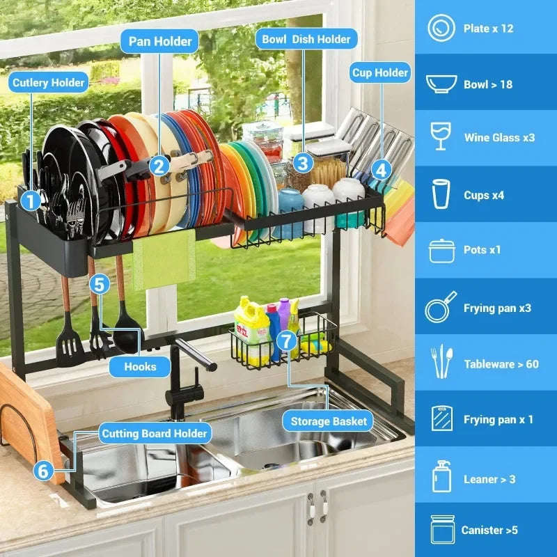 Over The Sink Dish Drying Rack (Adjustable Height/Length) Snap-On Design 2 Tier Large Dish Drainer