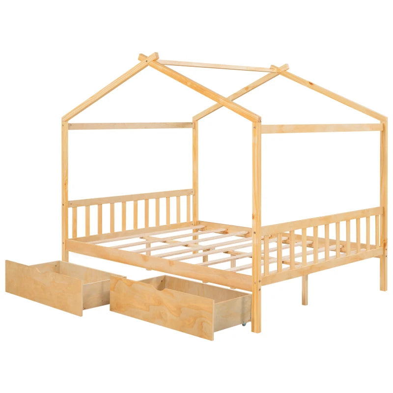 Wooden House Bed Frame for Kids with Ample Storage Options, Roof Design