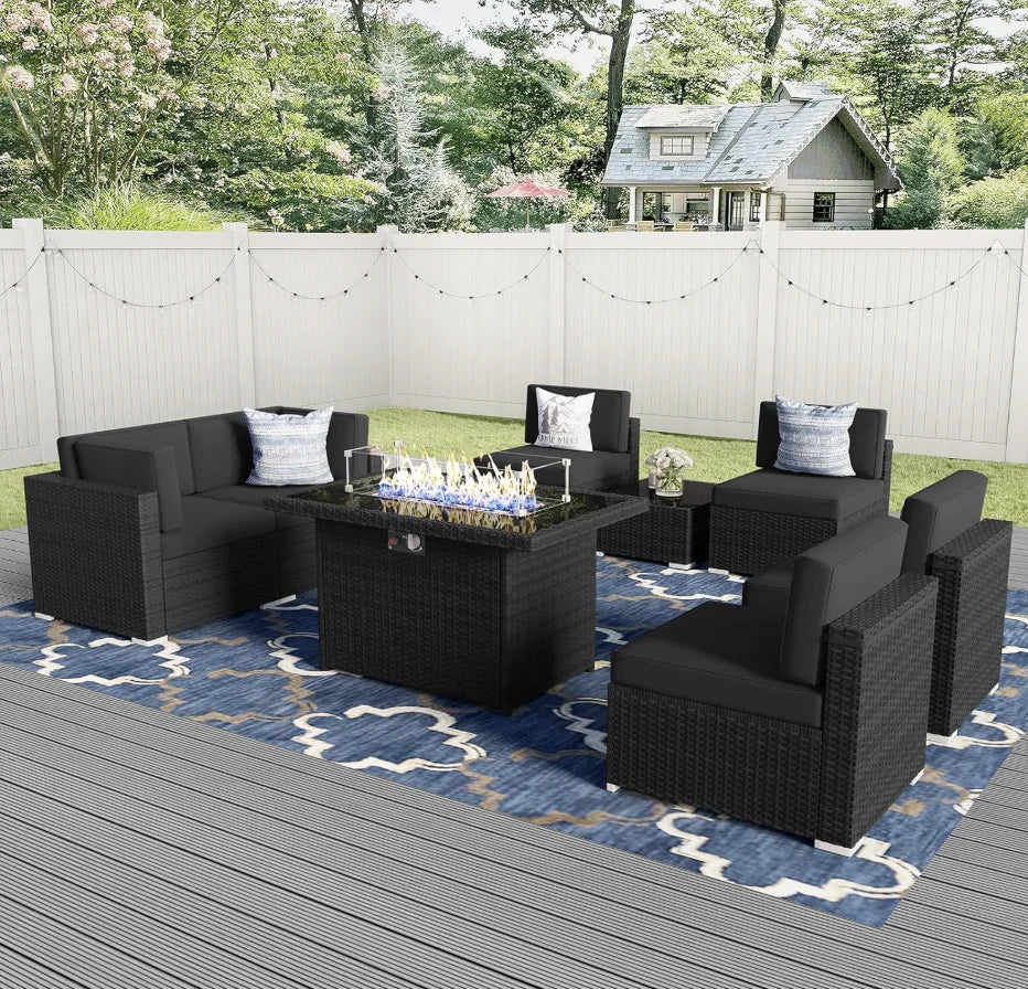 8 Piece Patio Set with 44" Propane Gas Fire Pit Table, Black