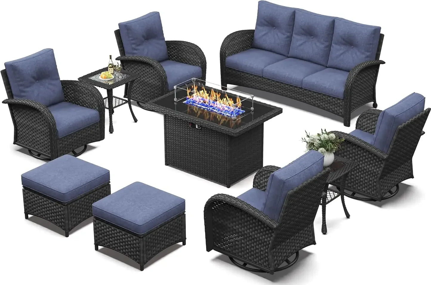 10 Piece Wicker Rattan High Back Patio Furniture Set with Fire Pit Table