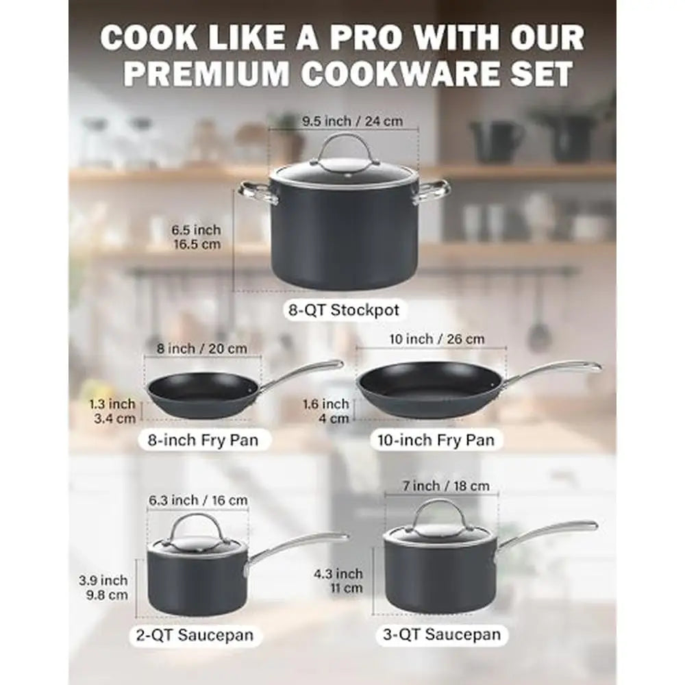 8-Piece Nonstick Cookware Set, Saucepan, Stockpot, Frying Pan, Glass Lid, Black