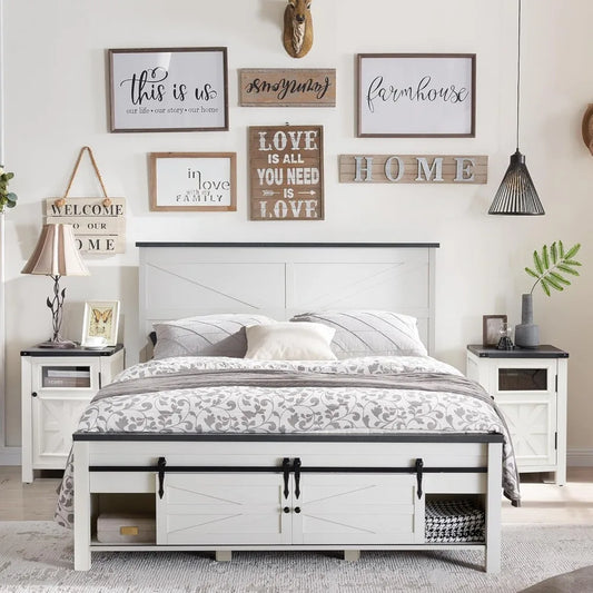 Full Size Farmhouse Wood Bed Frame with Sliding Barn Door