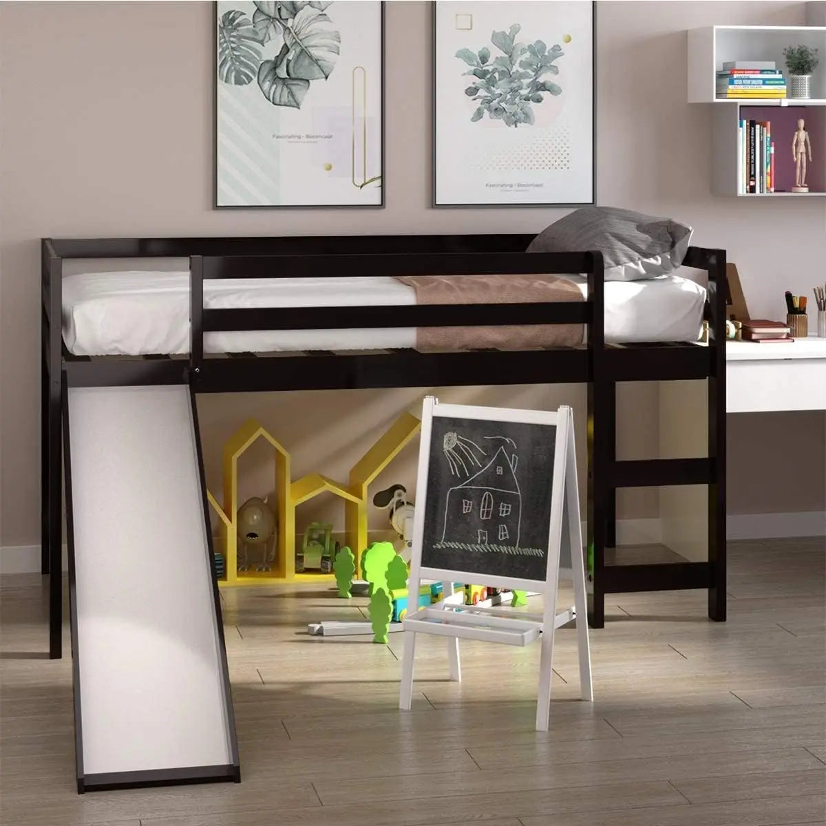 Kids Wood Twin Loft Bed Frame with Climbing Ladder & Storage Space for