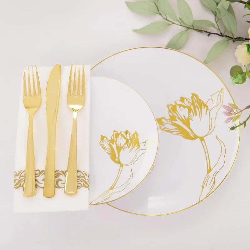 175PCS Floral Gold Disposable Plates