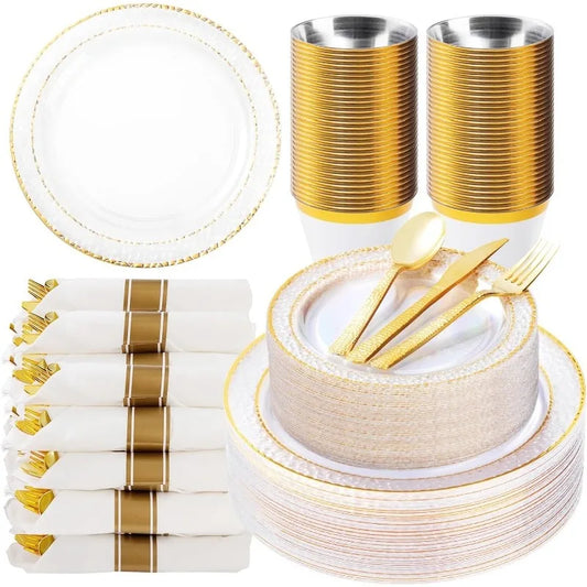 Disposable Plastic Plates with Gold Trim for 50 Guests