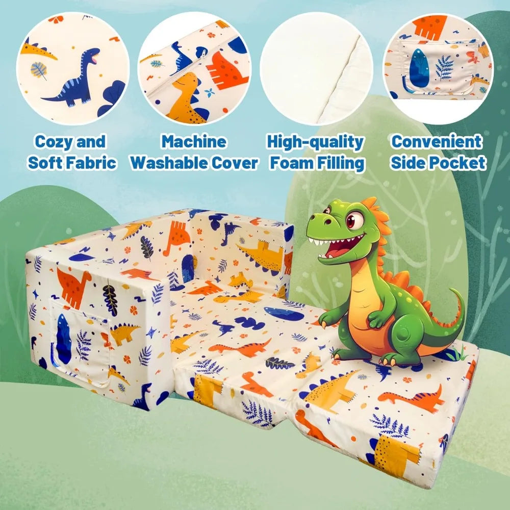 Children's 2 in 1 Convertible, Extra Soft Flip Open Chair Sofa Bed, Cute Star/Dinosaur Print