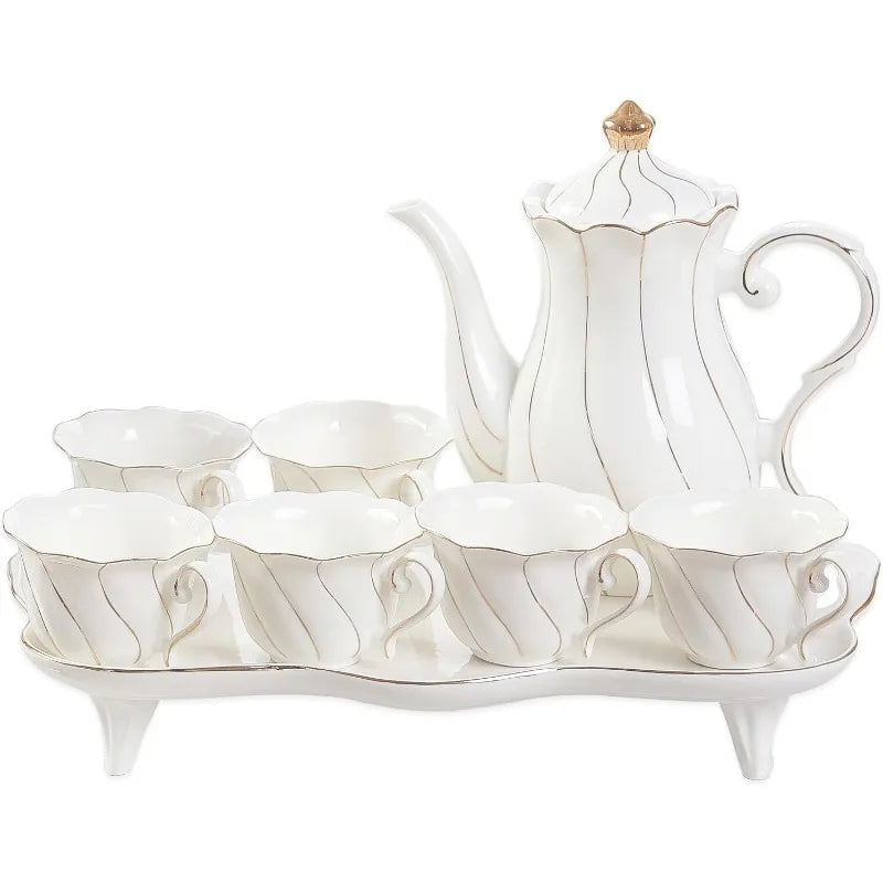 14 pcs Tea Set for 6 with Tea Tray & Spoons, Luxury British Style Tea/Coffee Cup Set with Golden Trim